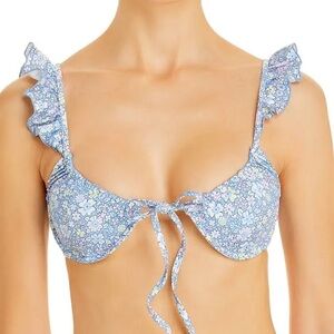 Frankies Bikinis Birdie Ruffle Bikini Top in Springtime Floral Blue Small Beach